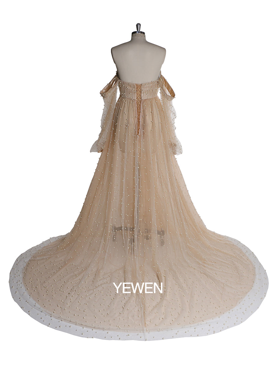 Off Shoulder Pearls High Quality Ivory Long Sleeves Open Front Maternity Gown Prom Dresses Yewen 16W / Champagne Off Shoulder Pearls High Quality Ivory Long Sleeves Open Front Maternity Gown Prom Dresses Yewen 16W / Champagne