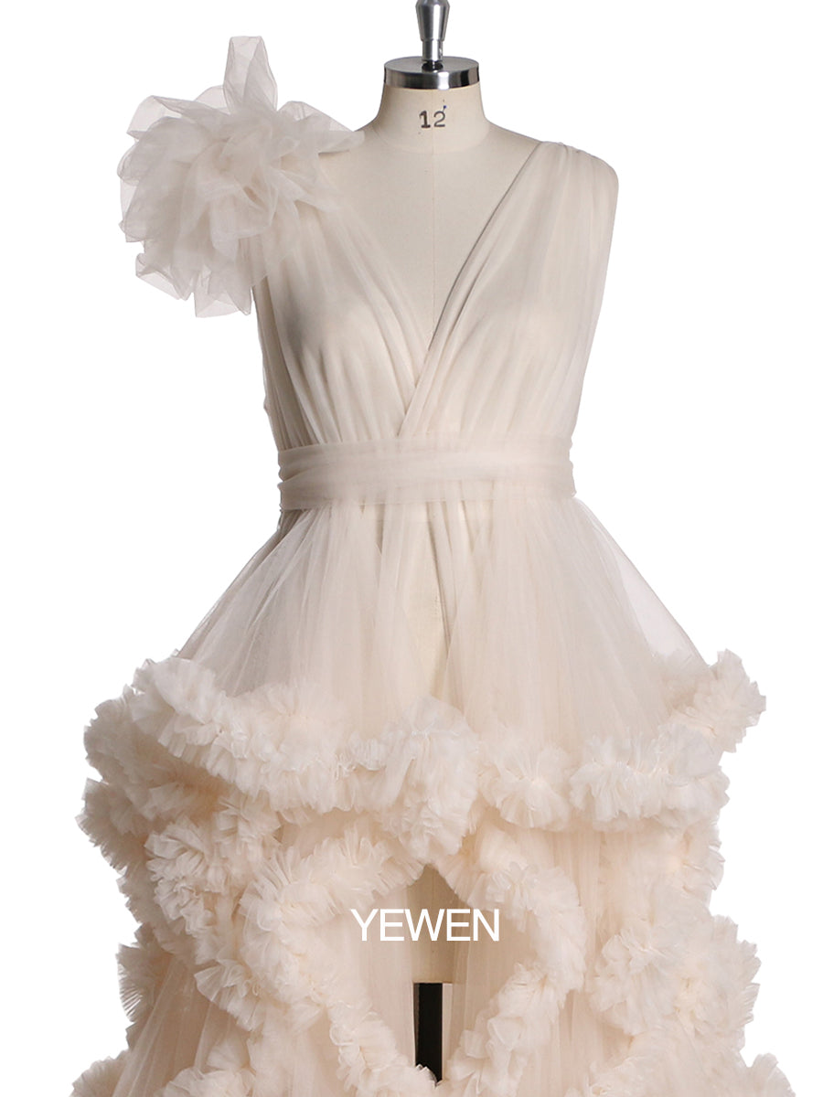 Women Evening Dress Flower V Neck Sleeveless Ruffled Ball Gown Wedding Dress Maternity Dress
