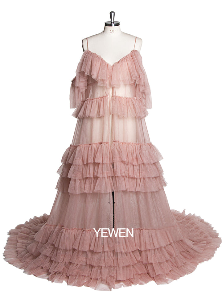 Cold Shoulder Ruffled Elegant See Through Maternity Dress for Photoshoot