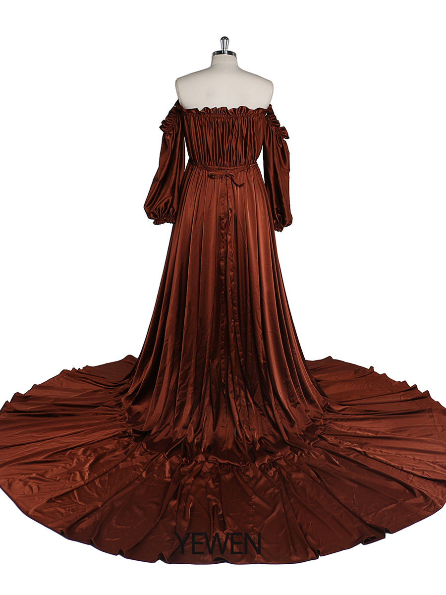 brown satin maternity dress Momyknows Chic Brown Bodycon Backless Spaghetti Straps Sequin Maternity Baby Shower Maxi Dress, Brown / L