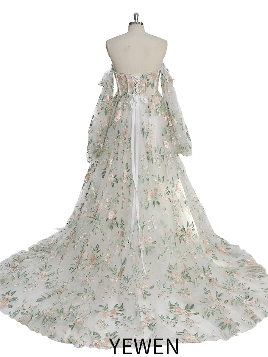 Strapless Long Sleeves Embroidery Floral Wedding Dresses with Color Beading Pearls Dress Photo Shoots Gowns YW230306 16 / Custom Color Strapless Long Sleeves Embroidery Floral Wedding Dresses with Color Beading Pearls Dress Photo Shoots Gowns YW230306 16 / Custom Color
