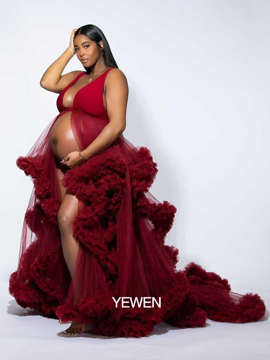 White/Burgundy V-neck Cloud 30CM Train Maternity Dress For Photoshoot 20W / Custom Color White/Burgundy V-neck Cloud 30CM Train Maternity Dress For Photoshoot 20W / Custom Color