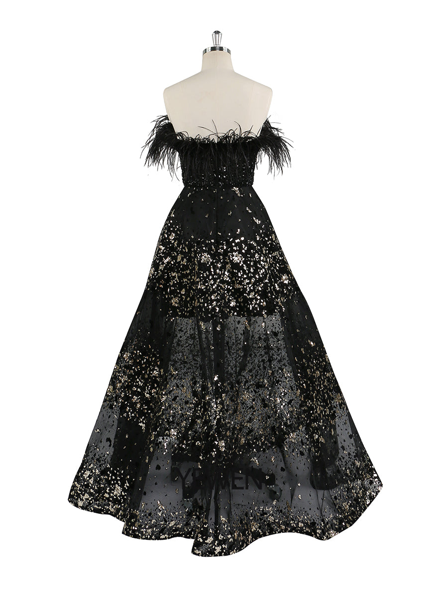 Black A-Line Sexy Evening Dresses Gowns Feather Beaded Luxury 2022 For Women Wedding Party yewendress Black A-Line Sexy Evening Dresses Gowns Feather Beaded Luxury 2022 For Women Wedding Party yewendress