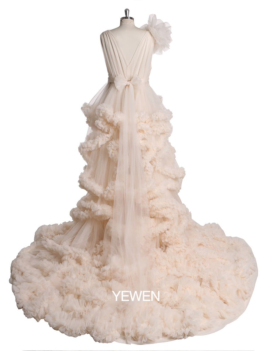 Women Evening Dress Flower V Neck Sleeveless Ruffled Ball Gown Wedding Dress Maternity Dress