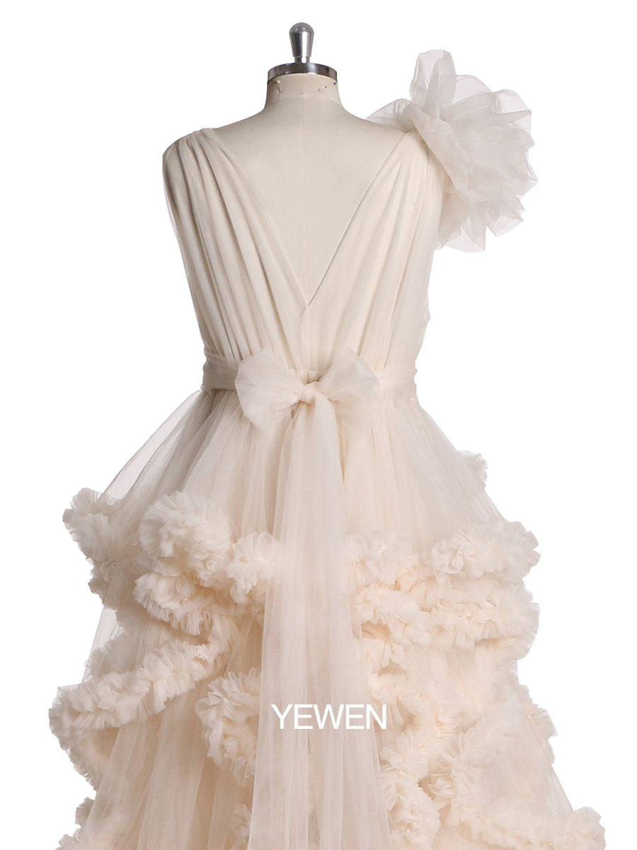 Women Evening Dress Flower V Neck Sleeveless Ruffled Ball Gown Wedding Dress Maternity Dress