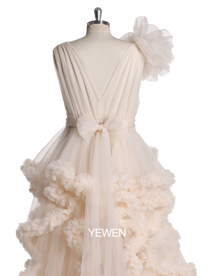 Women Evening Dress Flower V Neck Sleeveless Ruffled Ball Gown Wedding Dress Maternity Dress