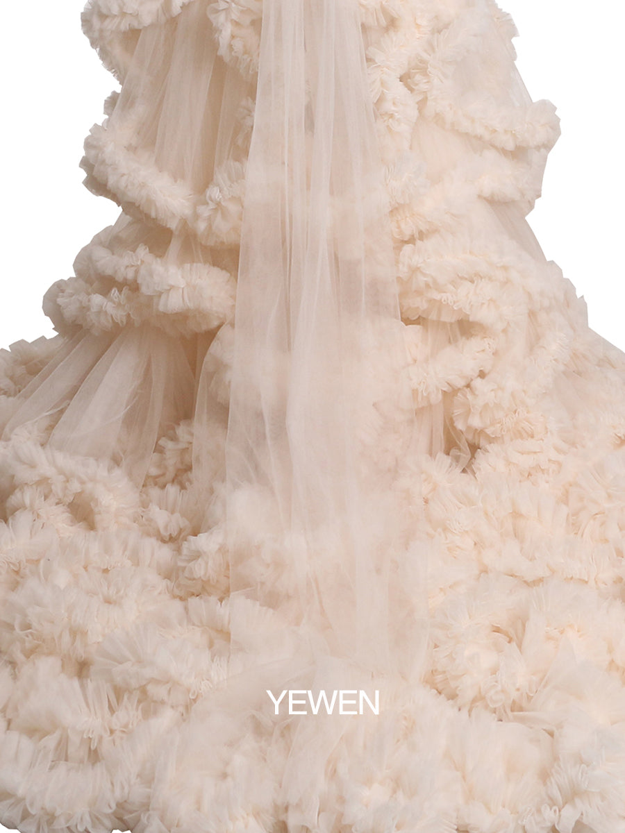 Women Evening Dress Flower V Neck Sleeveless Ruffled Ball Gown Wedding Dress Maternity Dress