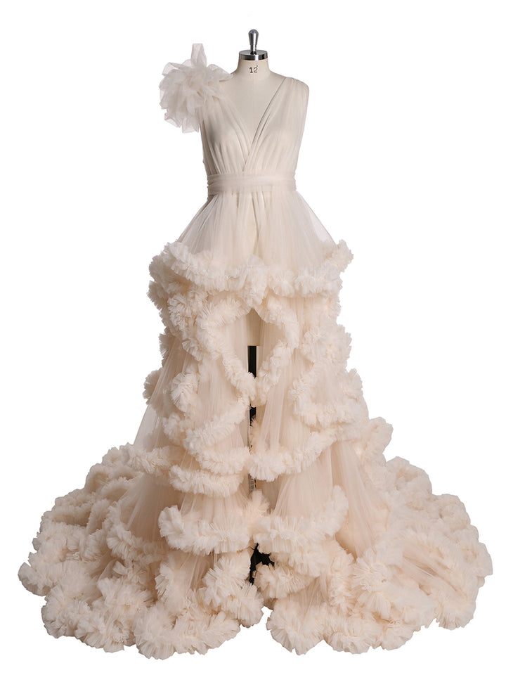 Women Evening Dress Flower V Neck Sleeveless Ruffled Ball Gown Wedding Dress Maternity Dress