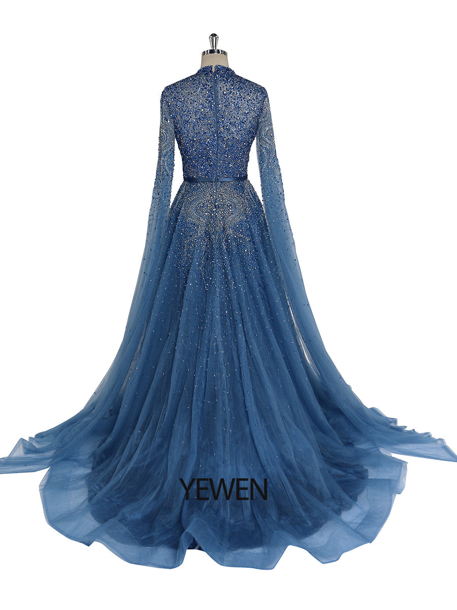 Blue A line high-end Beaded Luxury Cape Sleeve Evening Dresses Woman Christmas Holiday Dress yewendress Blue A line high-end Beaded Luxury Cape Sleeve Evening Dresses Woman Christmas Holiday Dress yewendress