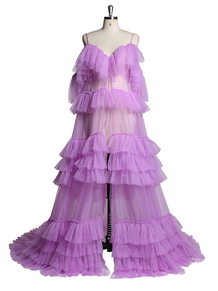 Cold Shoulder Ruffled Elegant See Through Maternity Dress for Photoshoot