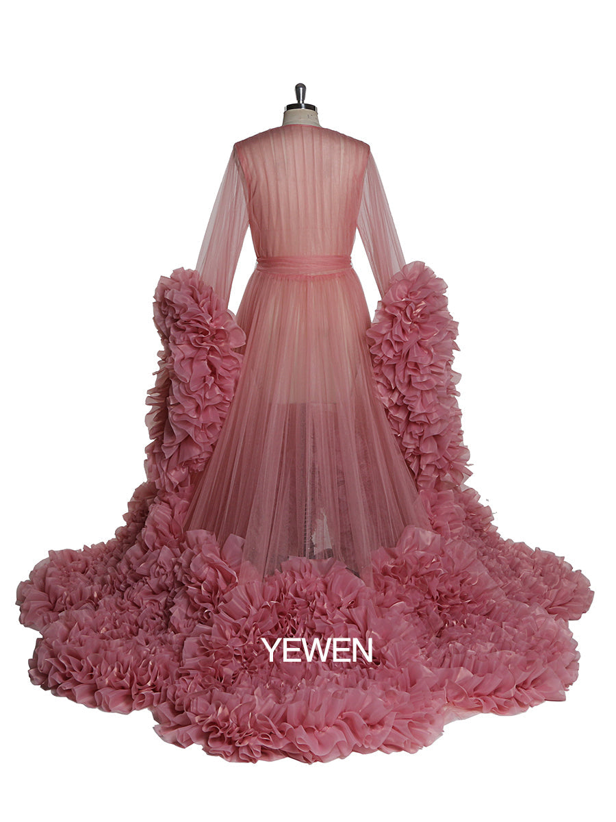 Bow V Neck Organza Pleated Ruffled Long Sleeve Maternity Dress 8-10 / S69