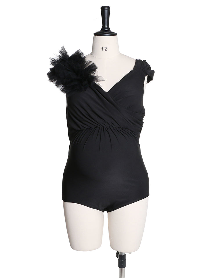 Black Custom colors V Neck Shoulder Flowers Strech Fabric Maternity Dress Bodysuit