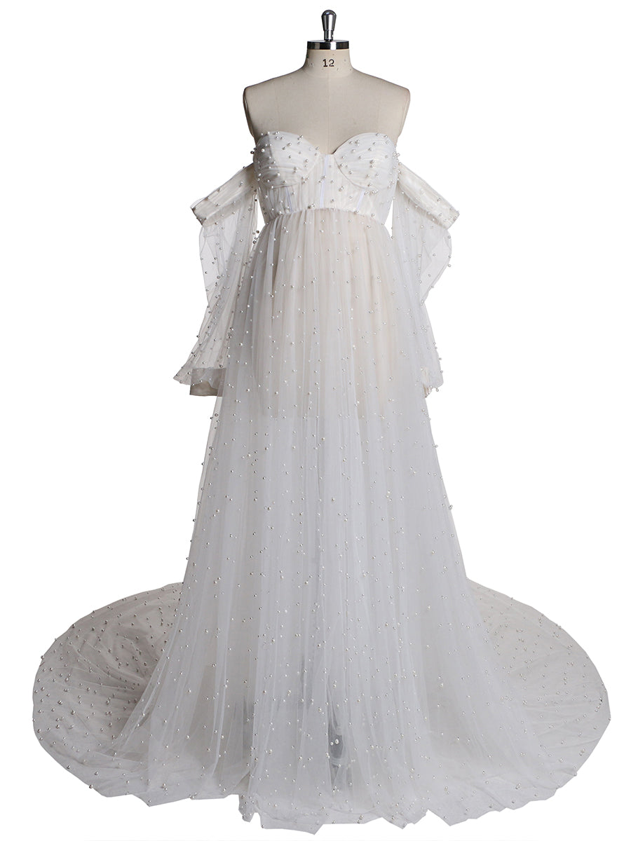 Off Shoulder Pearls High Quality Ivory Long Sleeves Open Front Maternity Gown Prom Dresses Yewen 18W / Ivory Off Shoulder Pearls High Quality Ivory Long Sleeves Open Front Maternity Gown Prom Dresses Yewen 18W / Ivory
