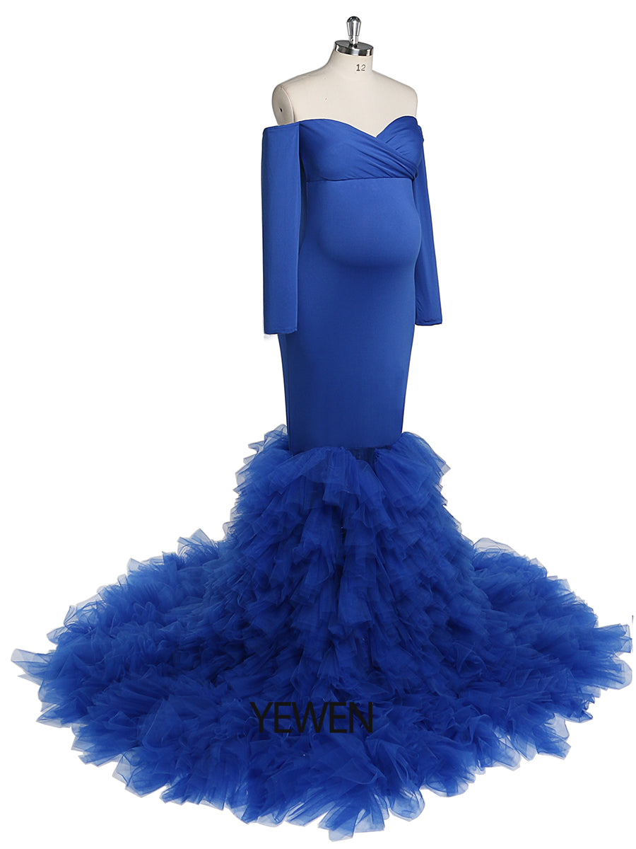 Off Shoulder Royal Blue Mermaid Maternity Dress Gown for Baby Shower Photography 2 / Custom Color Off Shoulder Royal Blue Mermaid Maternity Dress Gown for Baby Shower Photography 2 / Custom Color