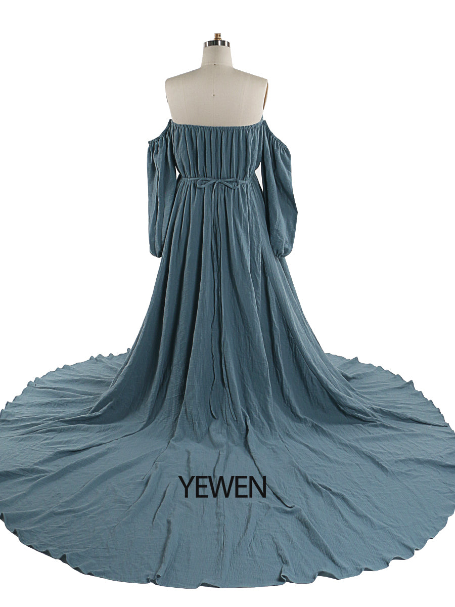 Off Shoulder Cotton Evening Dresses Long Sleeves Side Slit Photo Shoo 16W / Custom Color Off Shoulder Cotton Evening Dresses Long Sleeves Side Slit Photo Shoo 16W / Custom Color