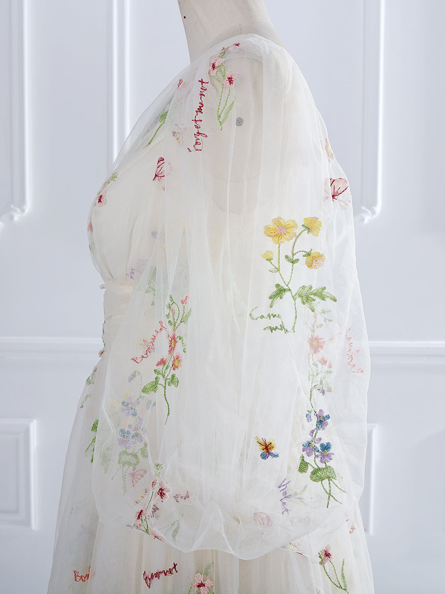 Stunning V-Neck Tea Party Dress with Embroidery Tulle and Puffy Sleeves yewendress Stunning V-Neck Tea Party Dress with Embroidery Tulle and Puffy Sleeves yewendress