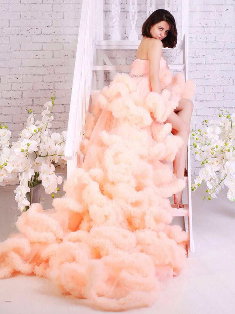 princess ruffle wedding dress Backless Tulle Skirt Long Sleeve Princess Ruffle Wedding Dress with Sleeves