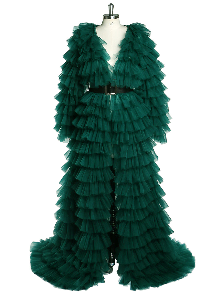 Green Evening Dress Ball Gowns Tulle Tiered Long Sleeve Maxi Formal Dress for Women 4 / N67 Green Evening Dress Ball Gowns Tulle Tiered Long Sleeve Maxi Formal Dress for Women 4 / N67