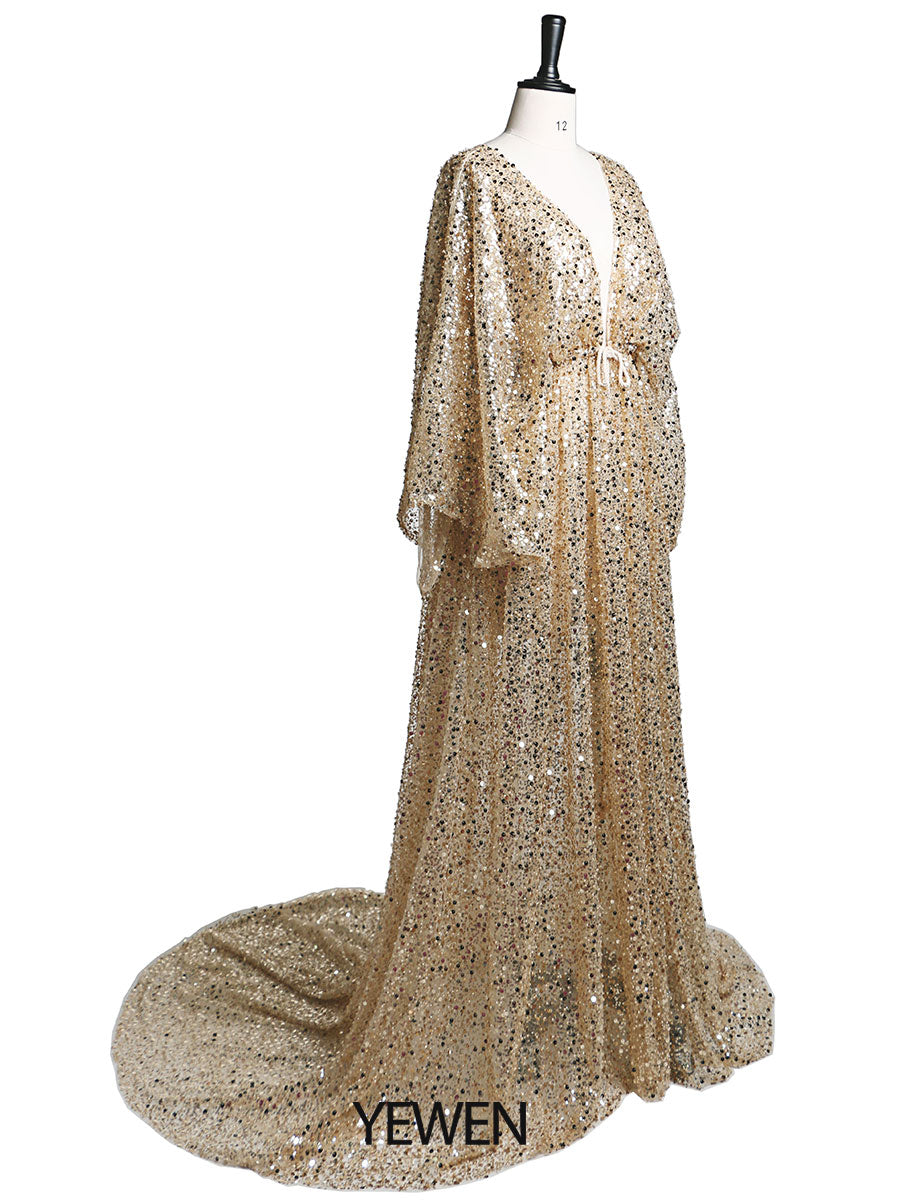 Gold Sequin with Pearls Maternity Gowns for Photoshoot Stretch Waist