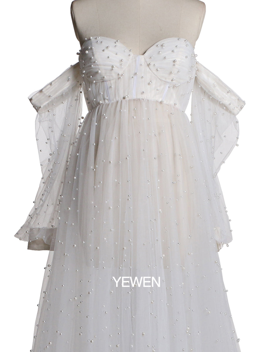 Off Shoulder Pearls High Quality Ivory Long Sleeves Open Front Maternity Gown Prom Dresses Yewen 16W / Champagne Off Shoulder Pearls High Quality Ivory Long Sleeves Open Front Maternity Gown Prom Dresses Yewen 16W / Champagne
