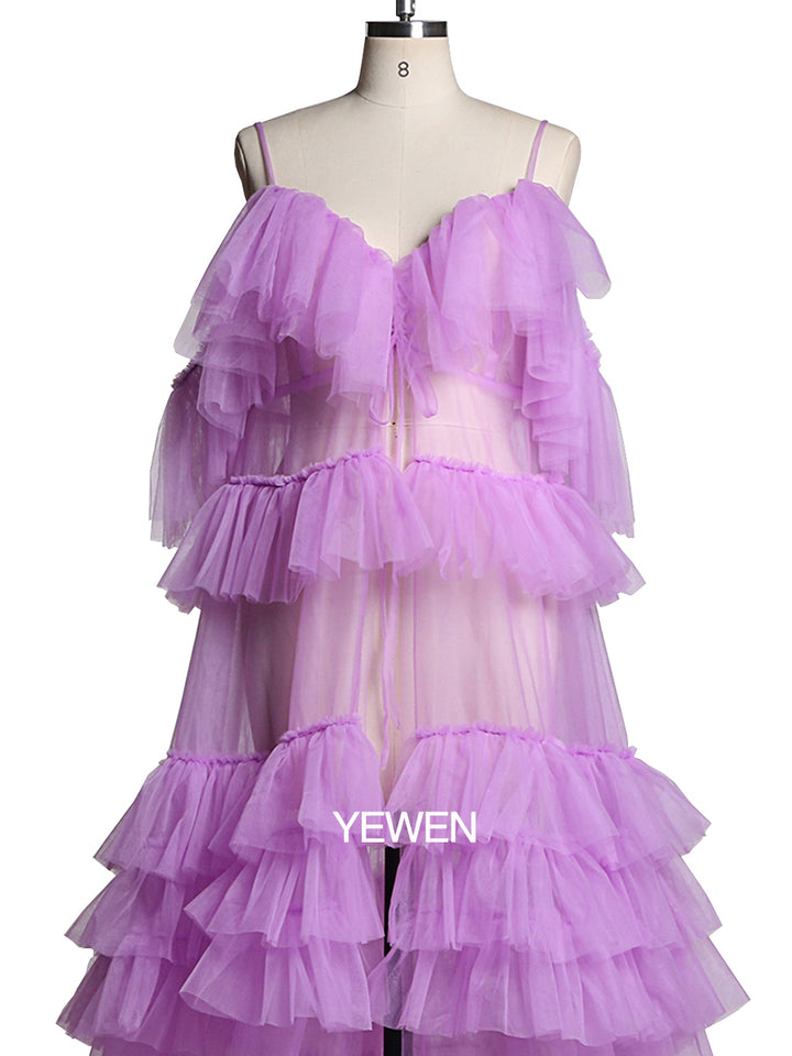 Cold Shoulder Ruffled Elegant See Through Maternity Dress for Photoshoot