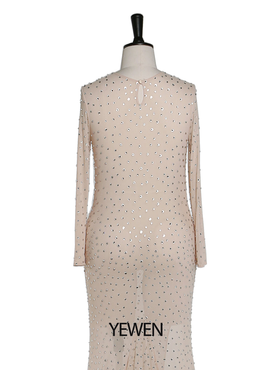 mesh pearl maternity dress Momyknows Mesh Solid Color Beading Pearl Rhinestone Long Sleeve Cover-ups Side Slit Photoshoot Maternity Maxi Dress, Black / 2XL