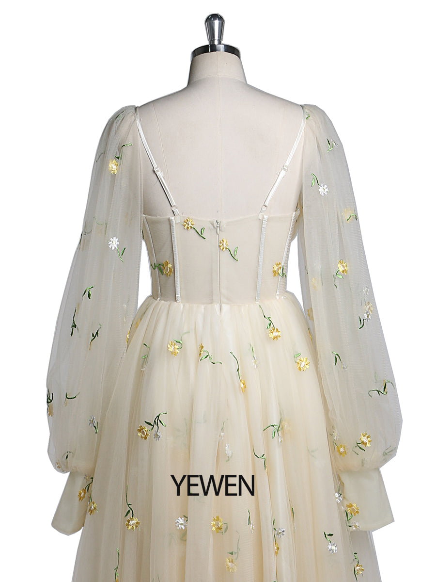 Embroidery Long Puffy Sleeve Tulle Tea Party Dresses YEWEN YW220323 6 / Custom Color Embroidery Long Puffy Sleeve Tulle Tea Party Dresses YEWEN YW220323 6 / Custom Color