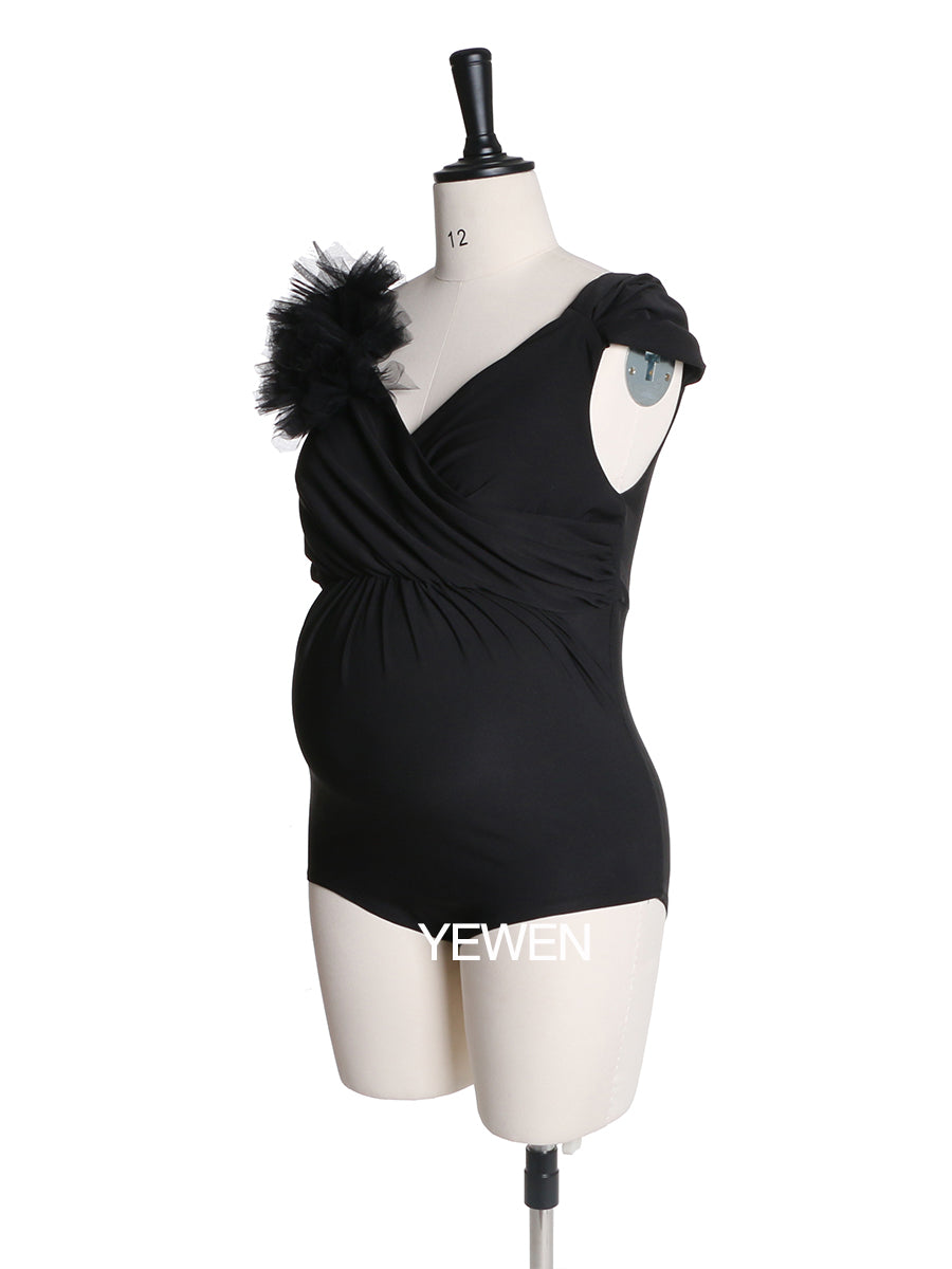 Black Custom colors V Neck Shoulder Flowers Strech Fabric Maternity Dress Bodysuit