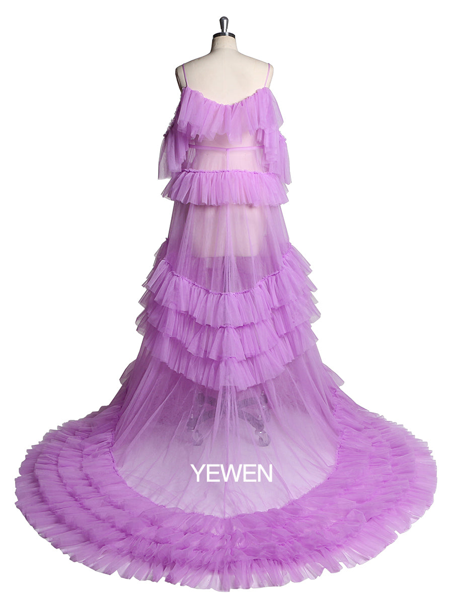 Cold Shoulder Ruffled Elegant See Through Maternity Dress for Photoshoot
