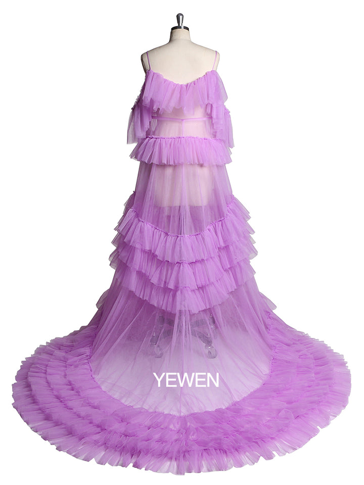 Cold Shoulder Ruffled Elegant See Through Maternity Dress for Photoshoot