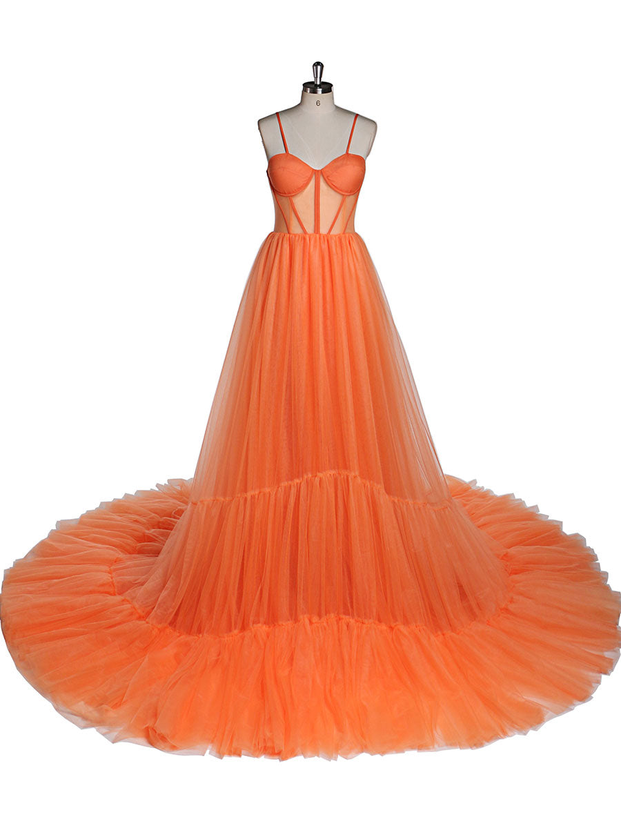 orange fluffy dress Orange Tulle Evening Dress Long Woman Formal Prom Dress Fluffy Maxi P 18W / N162