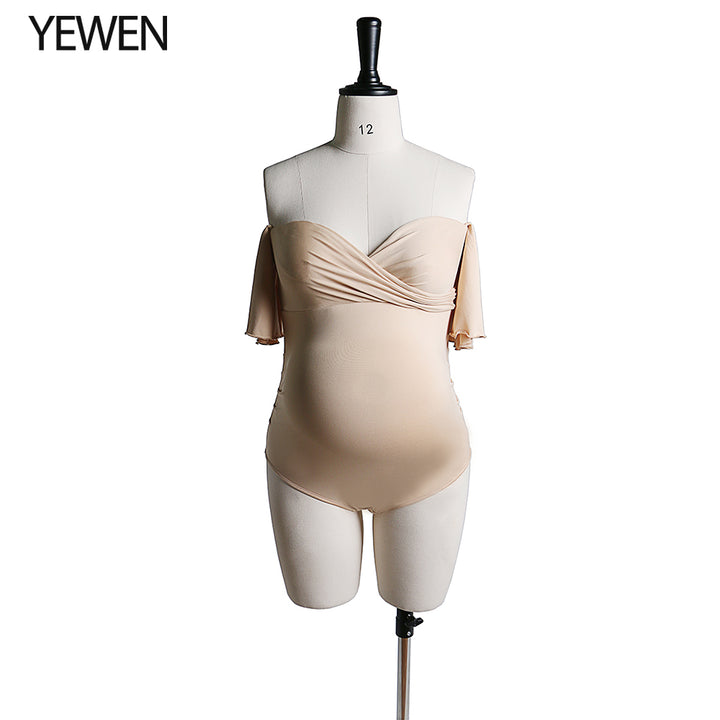 Stretchy Fabric Maternity Dress Bodysuit Off Shoulder Ruffles Short Sleeves Maternity Phography Custom Colors YW2121