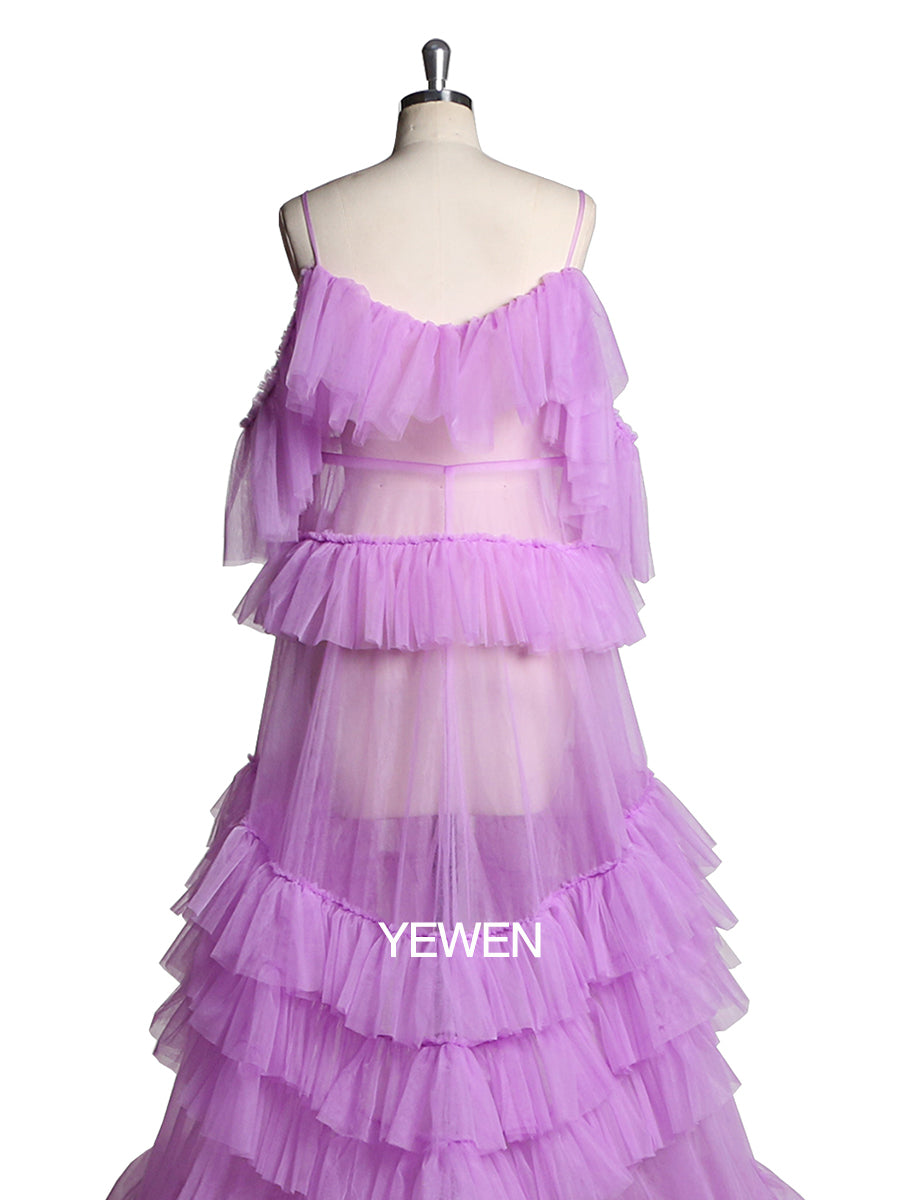 Cold Shoulder Ruffled Elegant See Through Maternity Dress for Photoshoot