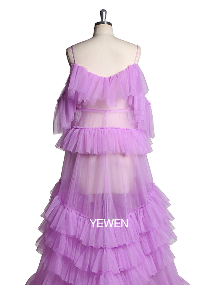 Cold Shoulder Ruffled Elegant See Through Maternity Dress for Photoshoot