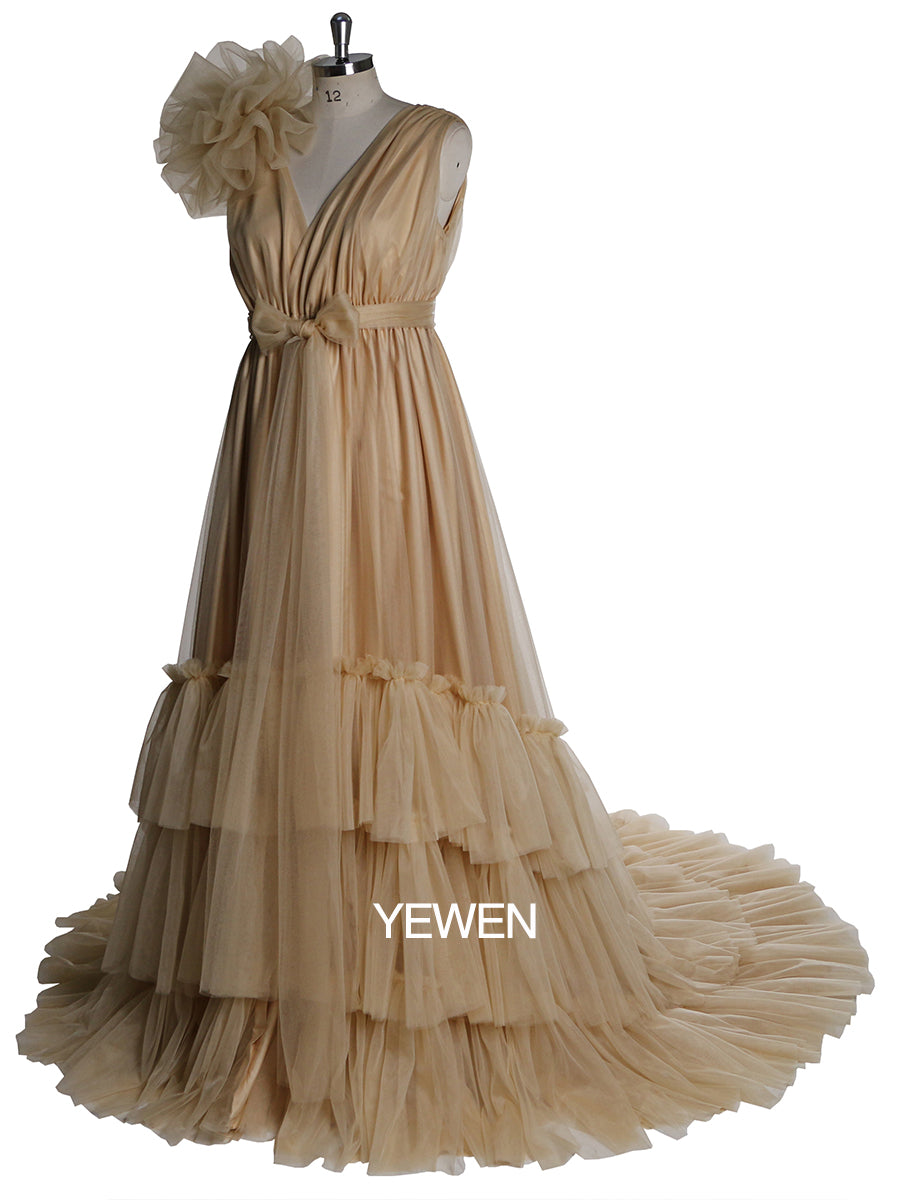 Champagne V-Neck Ruffled Long Sleeve Maternity Ball Gown Dress 16 / Custom Color Champagne V-Neck Ruffled Long Sleeve Maternity Ball Gown Dress 16 / Custom Color