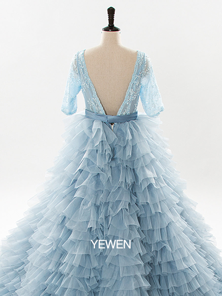 Light Blue Organza Ruffles Lace Long Sleeve Maternity Dress for Photoshoot 24W / B115 Light Blue Organza Ruffles Lace Long Sleeve Maternity Dress for Photoshoot 24W / B115