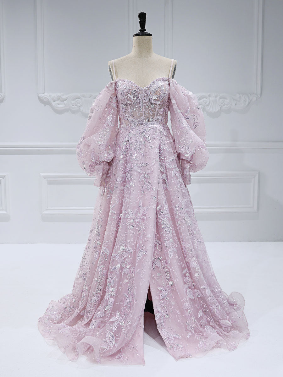 Elegant High Quality Sequin Embroidery Pattern Prom Dress | A-Line Princess Long Sleeves yewendress Elegant High Quality Sequin Embroidery Pattern Prom Dress | A-Line Princess Long Sleeves yewendress