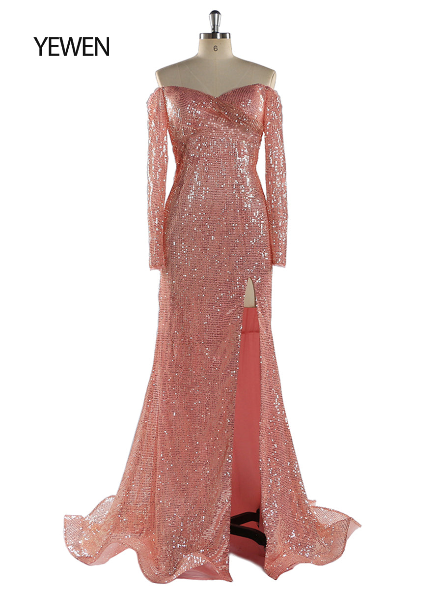 Long Sleeves Sequin V Neck Evening Open Front Strech Belly Maternit Dress Prom Gown yewendress Long Sleeves Sequin V Neck Evening Open Front Strech Belly Maternit Dress Prom Gown yewendress