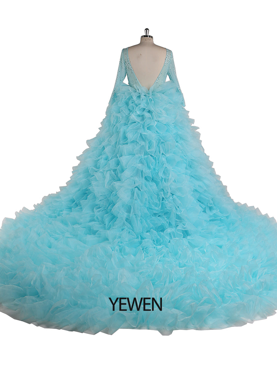Light Blue Organza Ruffles Lace Long Sleeve Maternity Dress for Photoshoot 24W / B115 Light Blue Organza Ruffles Lace Long Sleeve Maternity Dress for Photoshoot 24W / B115