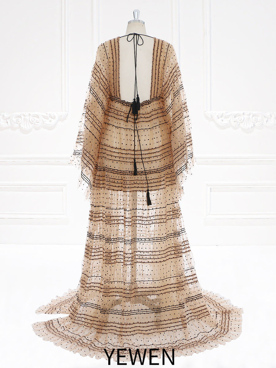 Tan Black Polka Dot Tulle Maternity Gown Woman Boho Robe Beach Dress for Photoshoot Tan Black Polka Dot Tulle Maternity Gown Woman Boho Robe Beach Dress for Photoshoot
