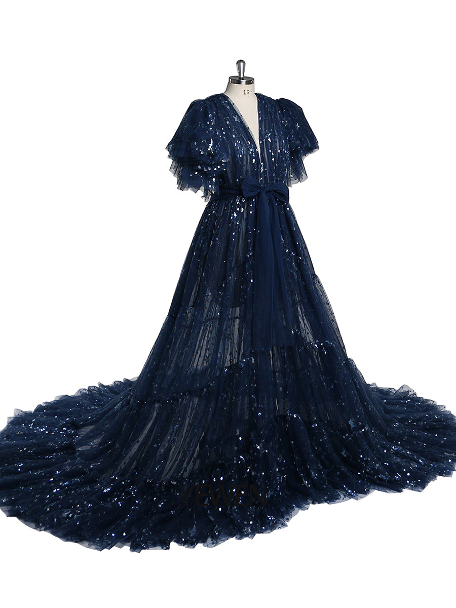 Navy Blue Sparkle Evening Dress Long Open Front Ruffle Sleeve Photo S 24W / Navy Blue Navy Blue Sparkle Evening Dress Long Open Front Ruffle Sleeve Photo S 24W / Navy Blue