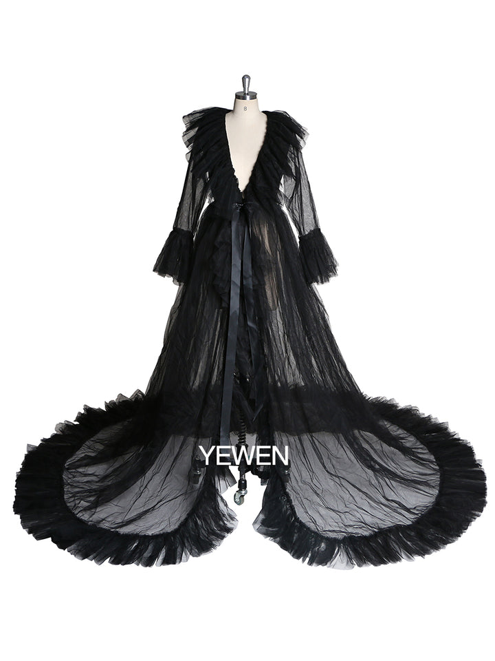 V Neck Maternity Dress Flare Sleeve Ribbon Maxi Dress