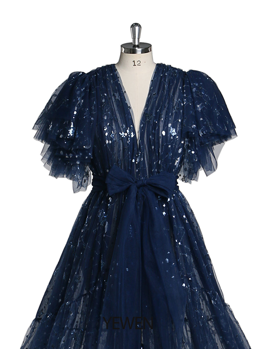 Navy Blue Sparkle Evening Dress Long Open Front Ruffle Sleeve Photo S 24W / Navy Blue Navy Blue Sparkle Evening Dress Long Open Front Ruffle Sleeve Photo S 24W / Navy Blue