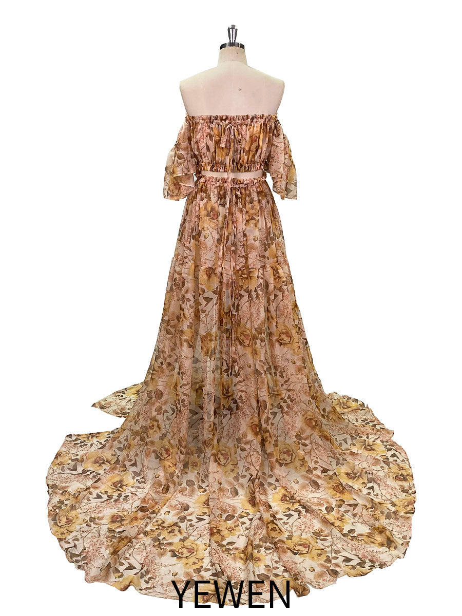 Chiffon Print 2 Pieces Set Dress for Photo Shoot Woman Maxi Dress 14 / Custom Color 42~49 Chiffon Print 2 Pieces Set Dress for Photo Shoot Woman Maxi Dress 14 / Custom Color 42~49