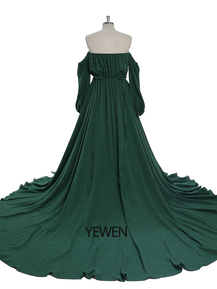 Off Shoulder Cotton Evening Dresses Long Sleeves Side Slit Photo Shoo 16W / Custom Color Off Shoulder Cotton Evening Dresses Long Sleeves Side Slit Photo Shoo 16W / Custom Color