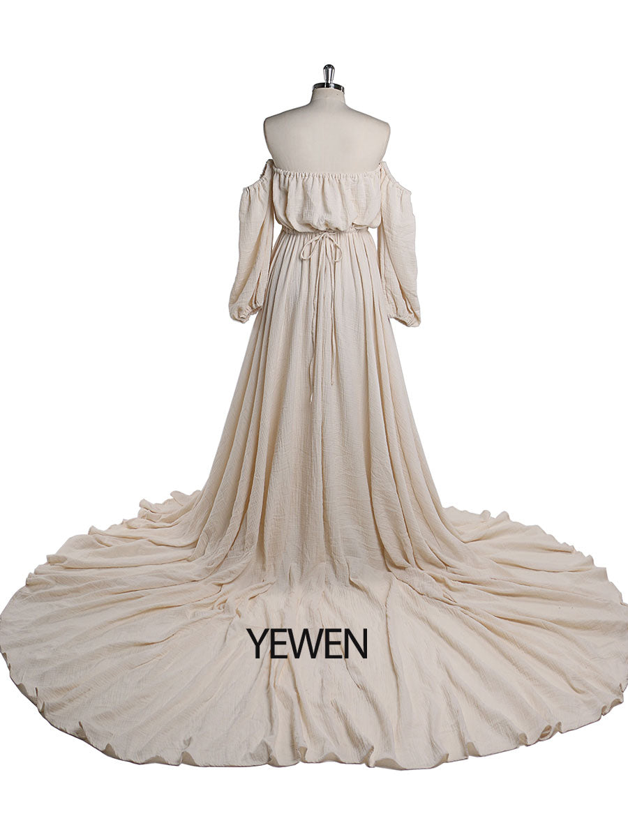 Off Shoulder Cotton Evening Dresses Long Sleeves Side Slit Photo Shoo 16W / Custom Color Off Shoulder Cotton Evening Dresses Long Sleeves Side Slit Photo Shoo 16W / Custom Color