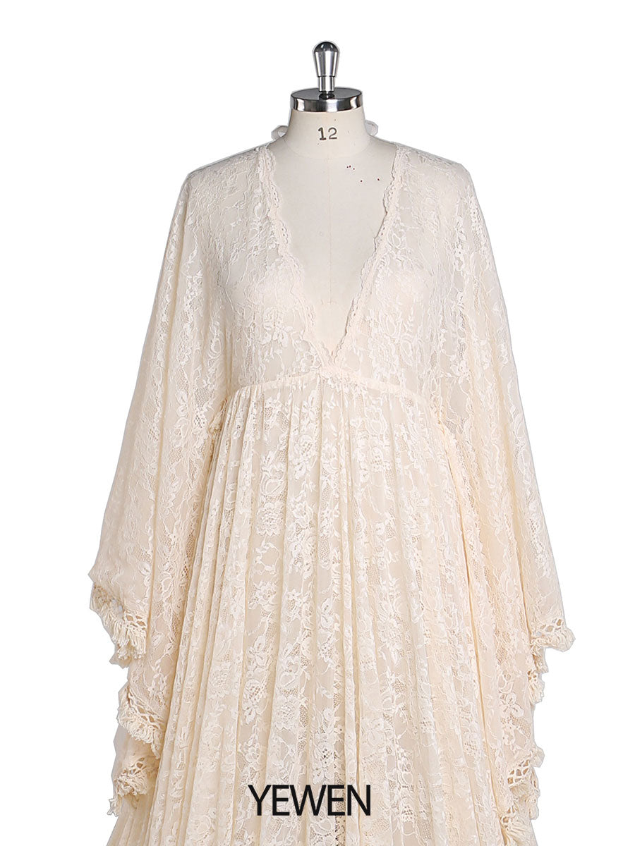 lace bell sleeve maternity dress Maternity Ivory Wrap Full Lace Bell Sleeves Wedding Dress #1167