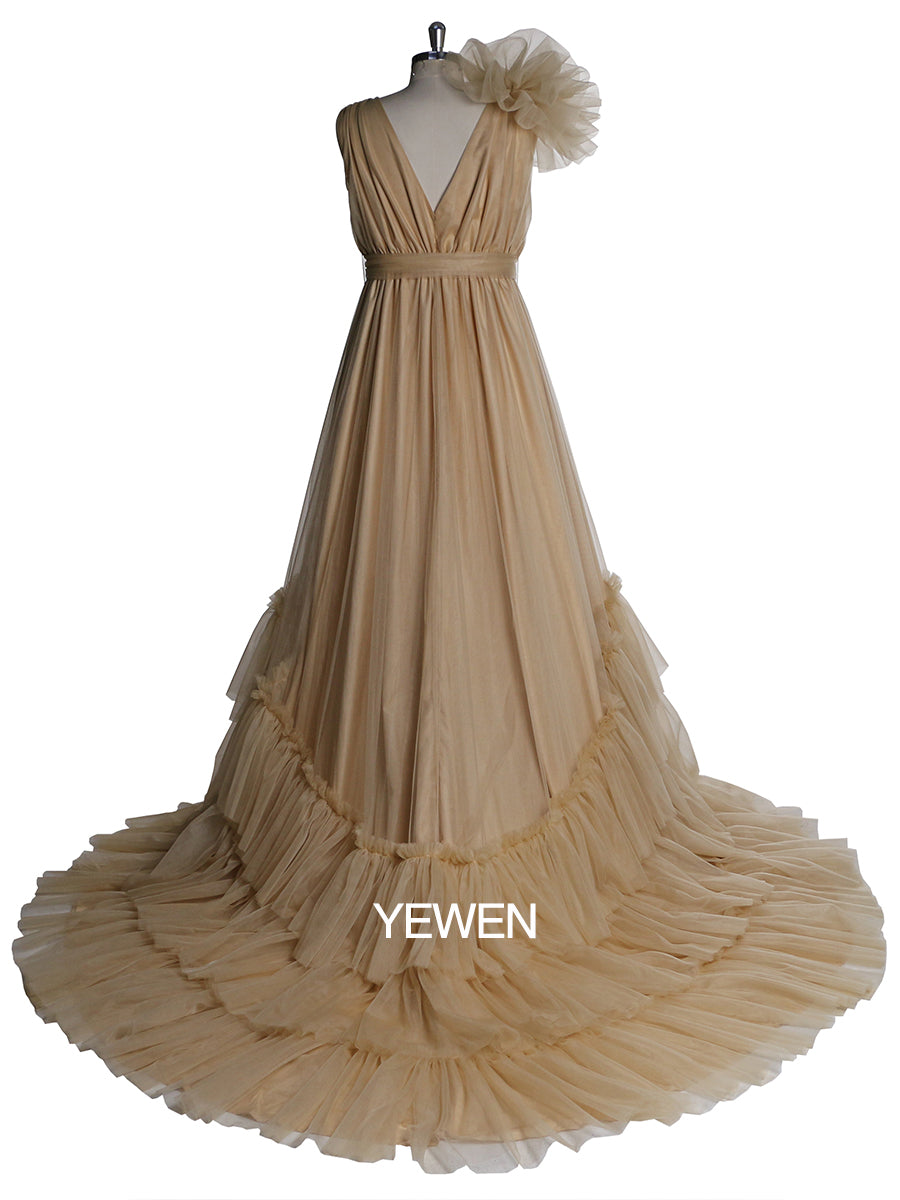 Champagne V-neck Ruffled Long Sleeve Maternity Ball Gown Dress 16 / Custom Color Champagne V-neck Ruffled Long Sleeve Maternity Ball Gown Dress 16 / Custom Color
