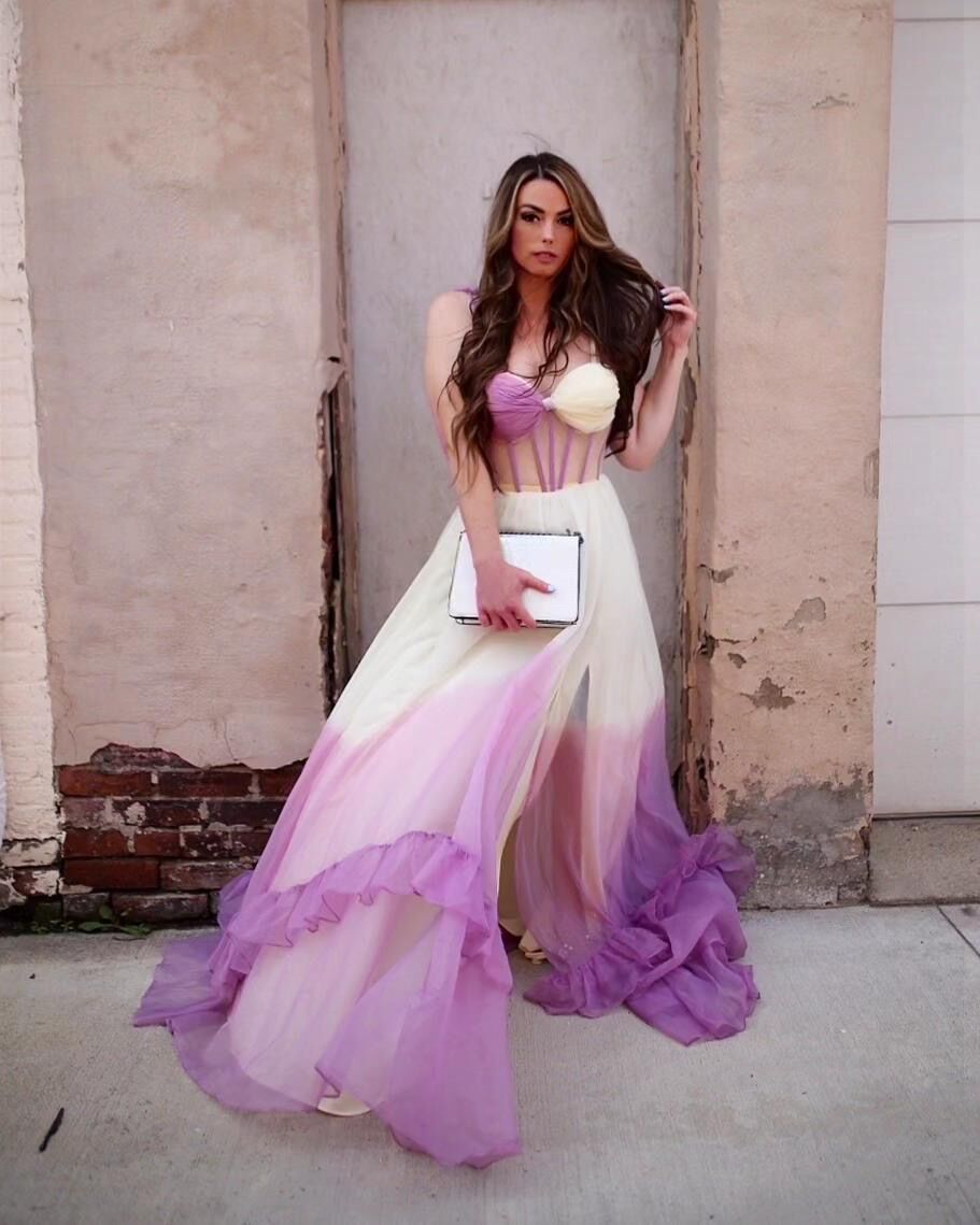purple ombre chiffon dress Pink-Purple Ombre Pleated Belt Chiffon Maxi Dress