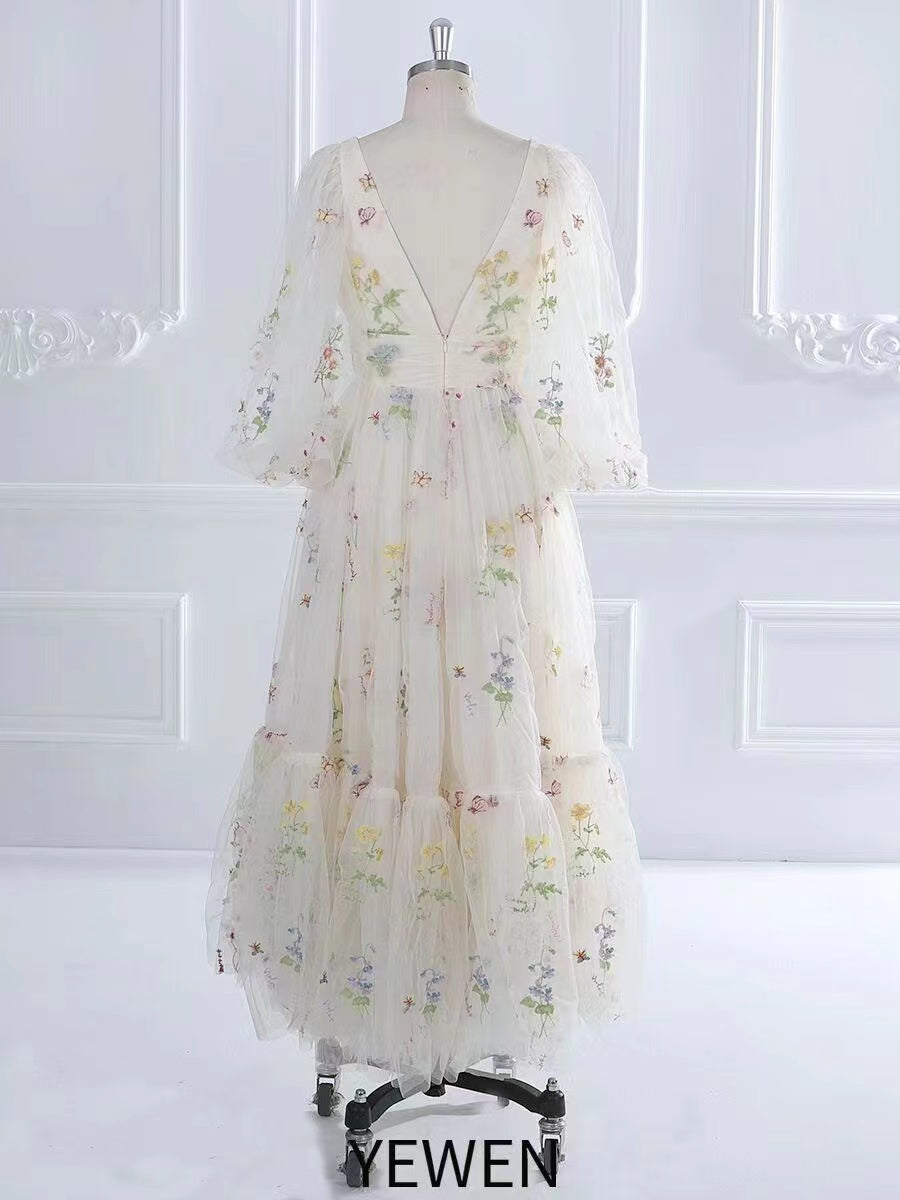 Stunning V-Neck Tea Party Dress with Embroidery Tulle and Puffy Sleeves yewendress Stunning V-Neck Tea Party Dress with Embroidery Tulle and Puffy Sleeves yewendress